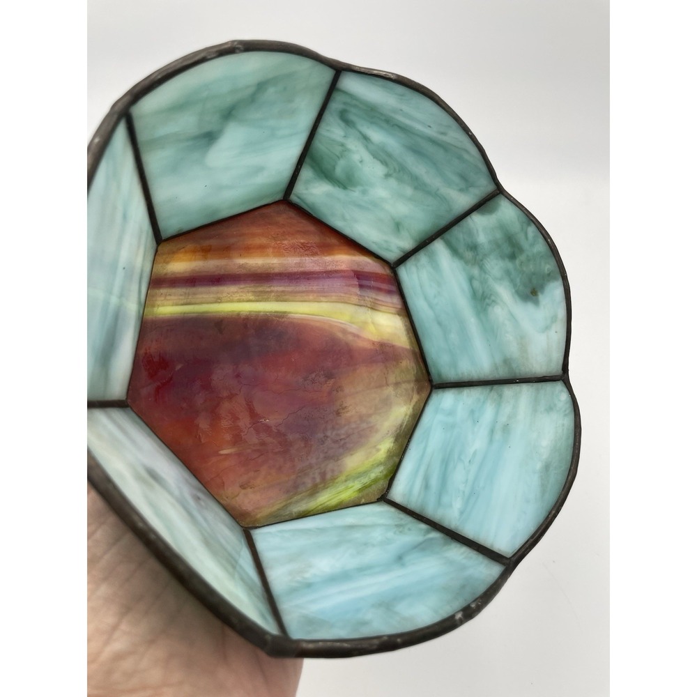Vintage Turquoise‎ & Red Stained Glass Art Bowl 6.5" D - Picture 7 of 8